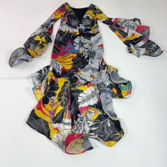 CqbyCq Maxi Dress Women Large Tiered Flare Sleeve Asymmetric Hem Floral Artsy - Picture 1 of 11